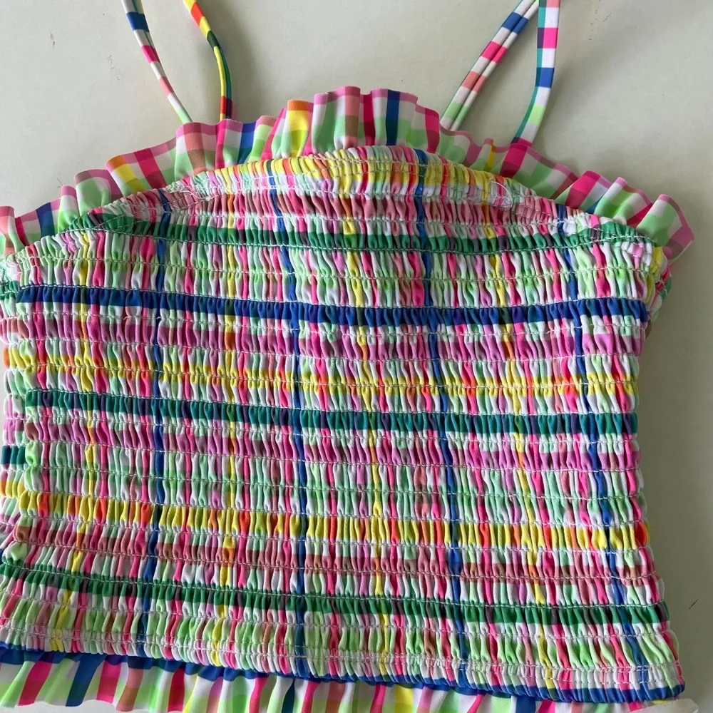 Girls Multicolor Plaid Tankini Set - Pink, Yellow & Blue